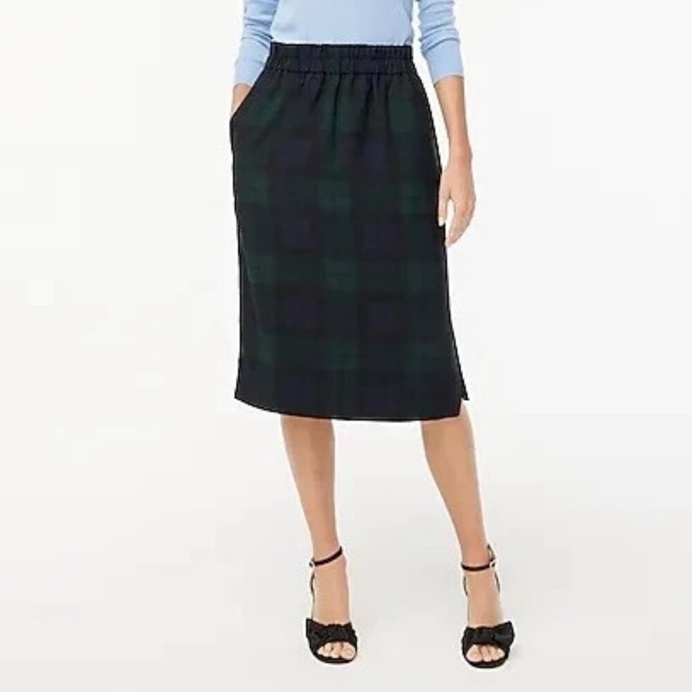 J. Crew Factory midi skirt XL black watch plaid blue green pull on